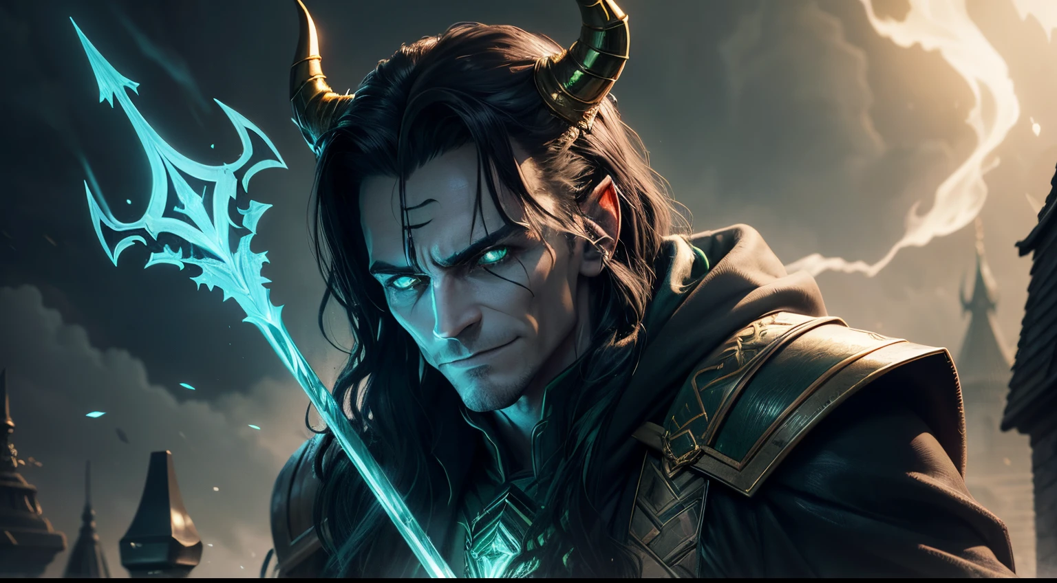 best quality,ultra-detailed,realistic,(Loki:1.1),portrait,medium,oil painting,green color palette,dark shadows,sharp focus,mythology,villain,anti-hero,smirking expression,arrogant,green eyes,mischevious grin,asgardian,hooded cloak,slicked-back hair,golden horns,wispy smoke,enchanted dagger,chaos magic,mischief and mayhem,mythical creature,trickster god,evil laughter,stormy background,menacing atmosphere,unique character design,complex personality,mythological setting,horned helm,sly and cunning,late-night mischief,mysterious aura,deceptive appearance,hidden motives,castle in the distance,frost giants,snakeskin texture,dark skies,glowing scepter,commanding presence,immortal being,green mist,ethereal glow.