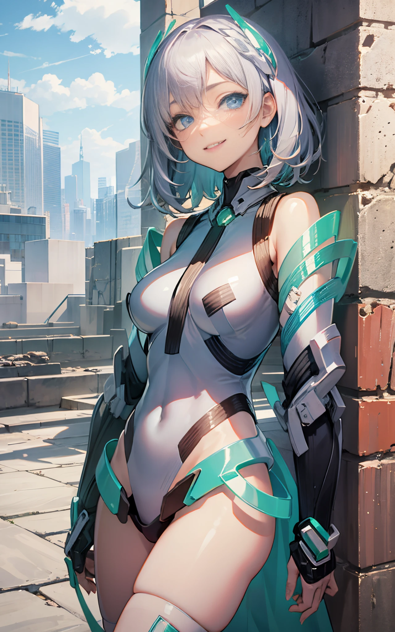 lightsmile, deva battle suit, Outdoors, Silver hair, bobhair, Blue eyes, waist shot