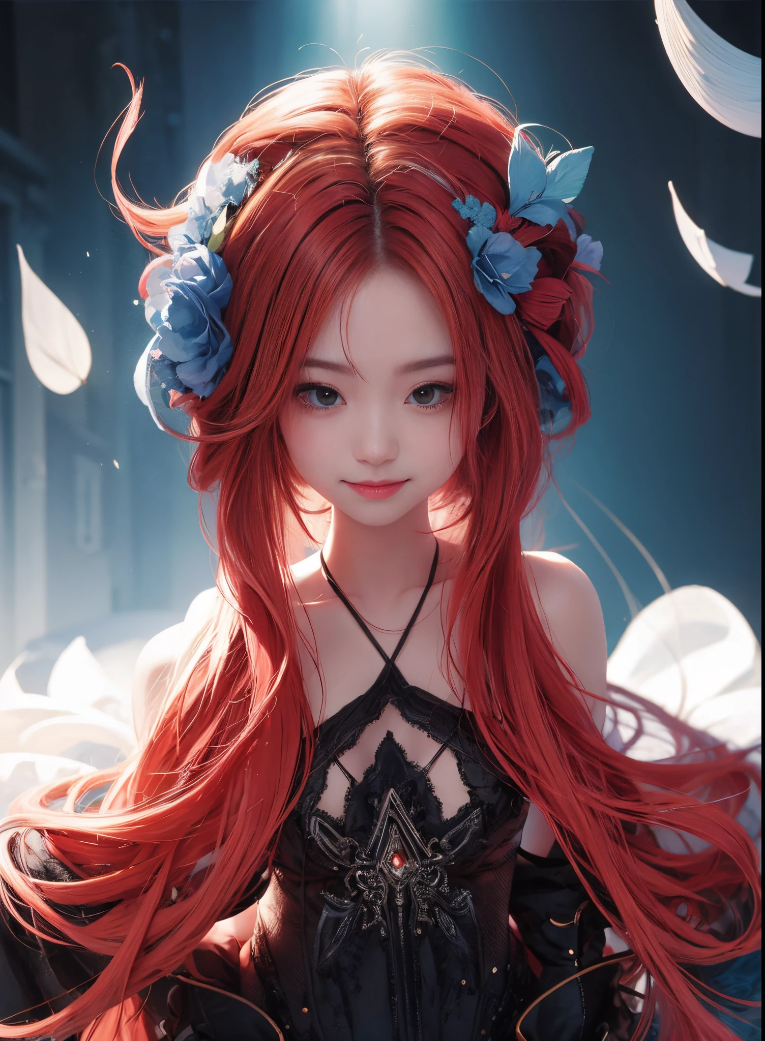 red hair and long hair,Nice face,blue and black bikini,Heterochromatic pupil,ssmile,apathy,比基尼,Full body photo,the soft light