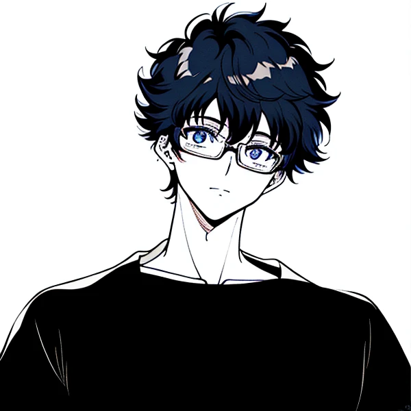 One wears glasses、Drawing of man in black shirt, Short black hair for boys, kentaro miura manga art style, Okumura Masanobu's inspiration, manga style of kentaro miura, Male anime style, Inspired by Okumura Togyu, Tall blue eyed anime character, as an anime character, anime handsome man