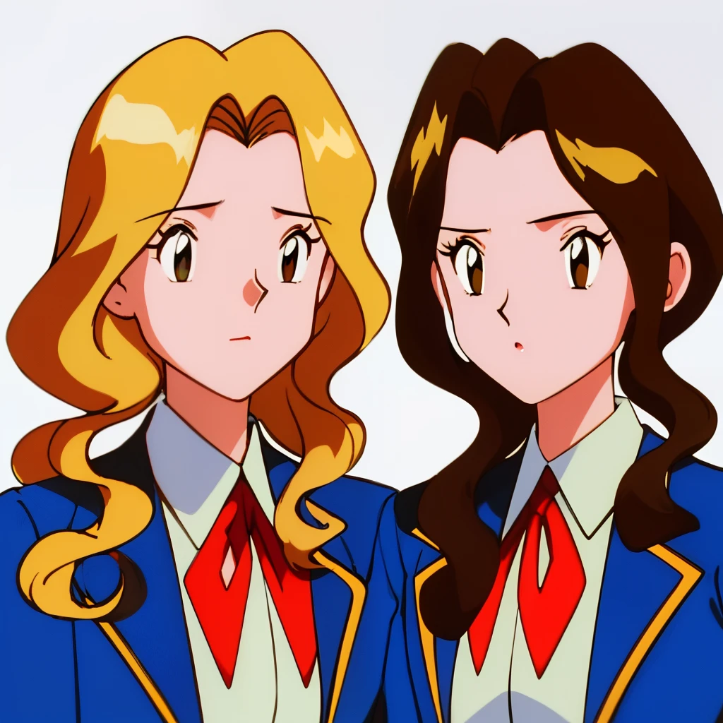 2girls, duo, twins, standing shoulder-to-shoulder, school uniforms, teenage woman, brown hair, blonde hair, long curly hair, hair down, hazel eyes, white background, best quality, highly detailed
