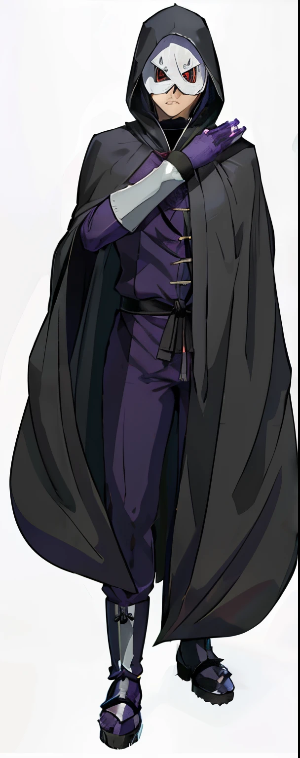 a close up of a masked person in a cape and a hood, hijikata toushirou of gintama, full body purple cloak, hijikata toushirou, made with anime painter studio, full body white purple cloak, with cape, black cloak from neck to ankles, official character art, masamune shiro, cloaked