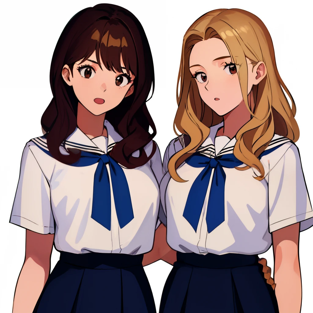 2girls, duo, twins, standing shoulder-to-shoulder, school uniforms, teenage woman, brown hair, blonde hair, long curly hair, hair down, hazel eyes, white background, best quality, highly detailed