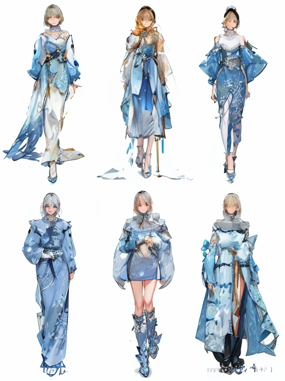 ,fashion concept art, Detailed fashion illustration, SleekDesign, fashion study, Fashion illustration, fashion art, high fashion design, luxury fashion illustration, , blue clothes, james jean style, Trends on artstration, Creativity in fashion design, clothing design, blue clothes,clothing design,design a theme:Ice and snow,This series emphasizes the purity and unique charm of ice and snow,Inspiration for clothing design:Snow and ice forest,ice flower snow shadow、They are all winter dream scenes。The series will be inspired by,Develop a design for a range of dresses.,Use ice crystals as elements,Use sky blue and white tones,Simulate the transparency and gloss of ice crystals。Combining exquisite craftsmanship and details,Showing light luxury and elegance。Using three-dimensional sculptures and silk、satin、Crystal embroidery and other craft blessings,Make every piece of clothing like a carefully crafted work of art。