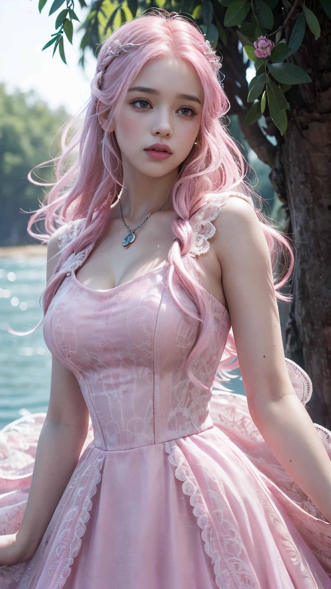 HDR 10, beautiful girl, detailed eyes, detailed lips, very long hair, pink hair, ultra detailed texture, water drops, outdoors, game of thrones, pink heavy dress, (high detailed pink dress:1.5), lace, loops, soft lighting, attractive poses,