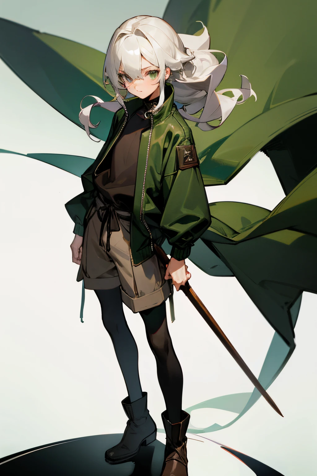 (masterpiece), best quality, full body, 1boy, 10 years, dark green zip-up jacket with white fur on top, black loose T-shirt, brown shorts, black knitted stockings, dark brown leather boots, emerald amulet around his neck , light green kind eyes wide open, gray long hair falling over the eyes and nose, with curls sticking out in different directions, hairstyle in the form of a long thin ponytail, with a smile on his face, machetes in a hands