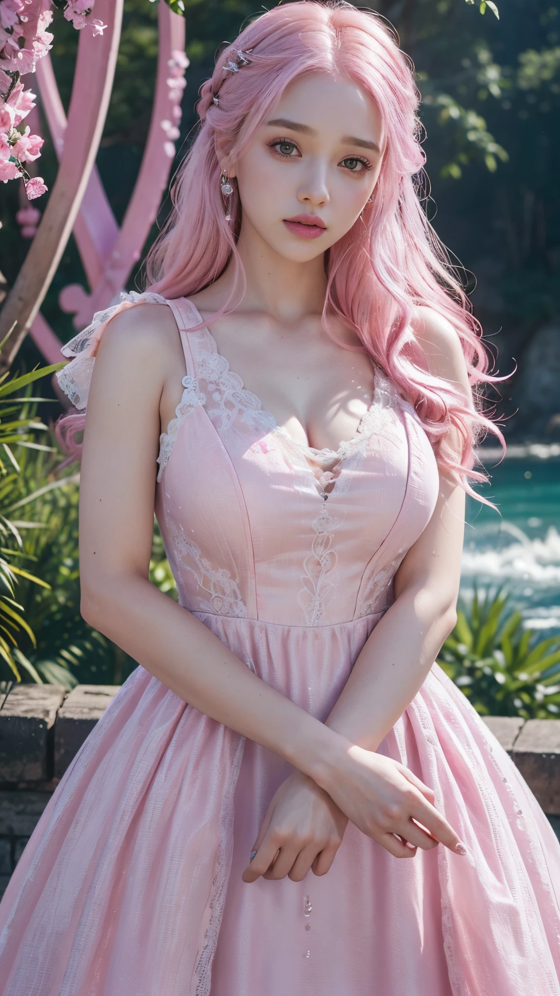 Light pink hair, Pink Eyes,White Wedding Dress,Wavy Hair,Large Breasts,Big Ass,lawn