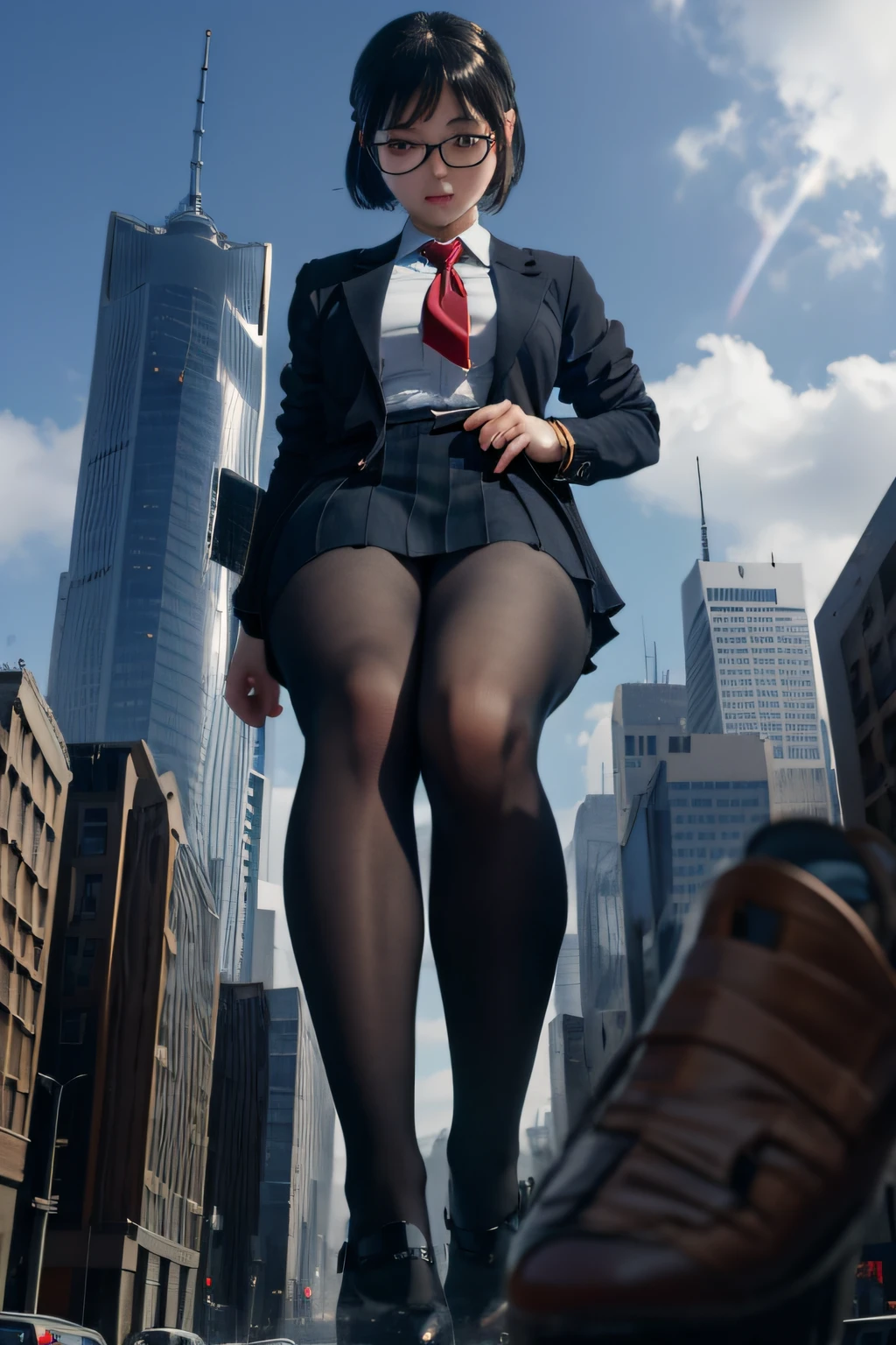 giantess art, a hyperrealistic schoolgirl, , highly detailed giantess shot, der riese, Shorthair, Black pantyhose, Giant high school girl that exceeds a skyscraper。Wearing rimless glasses。Colossal tits。Navy blue blazer、Red tie、Mini Length Skirt、Black pantyhose、Pantyhose sole、hands off shoes。very small metropolis。Trying to destroy a miniature metropolis。Full body depiction。gigagts, der riese, Black pantyhose, Pantyhose legs, Pantyhose feet, ,Stomping City,crash city,Small town,micro city,