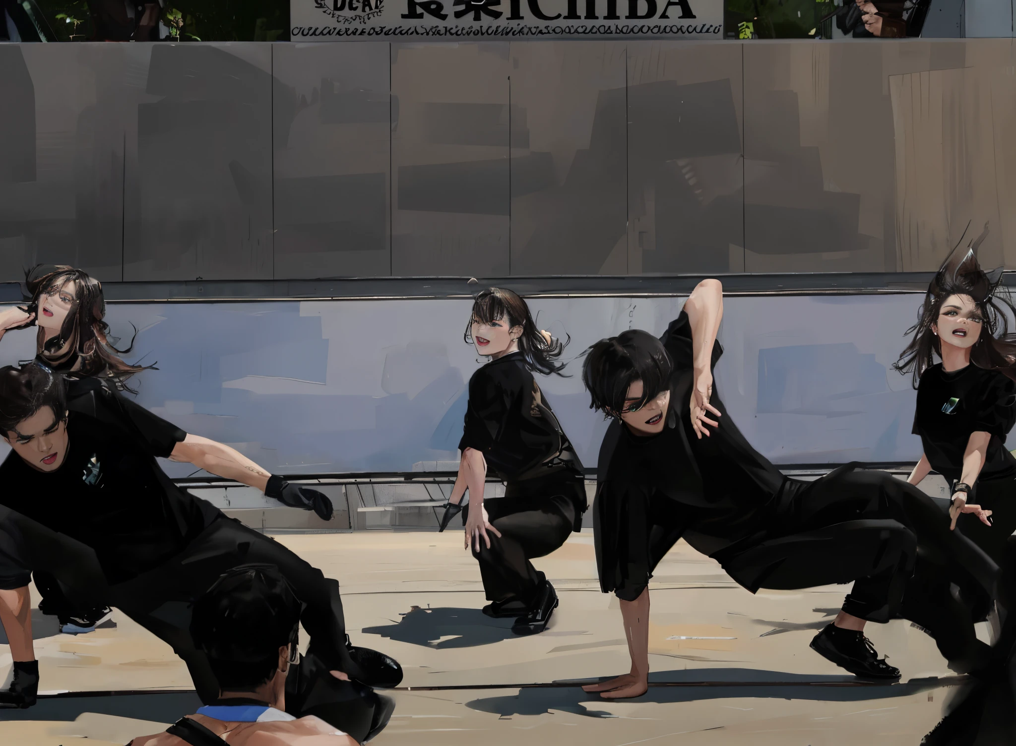 dancers in black shirts and black pants are performing on a stage,  males and females breakdancing. (best quality, 4k, 8k, highres, masterpiece:1.2)(scene description).