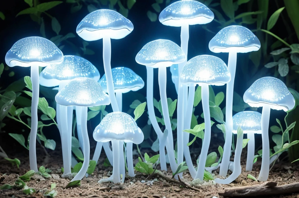 (Best quality,A high resolution:1.2),ultra - detailed,actual,Strong light illumination,semi transparent,（Many mini glowing transparent mushrooms,magical,Light blue glow,Ethereal）,at a forest,Fairytale,evoke calm,Whimsical,in pastel shades