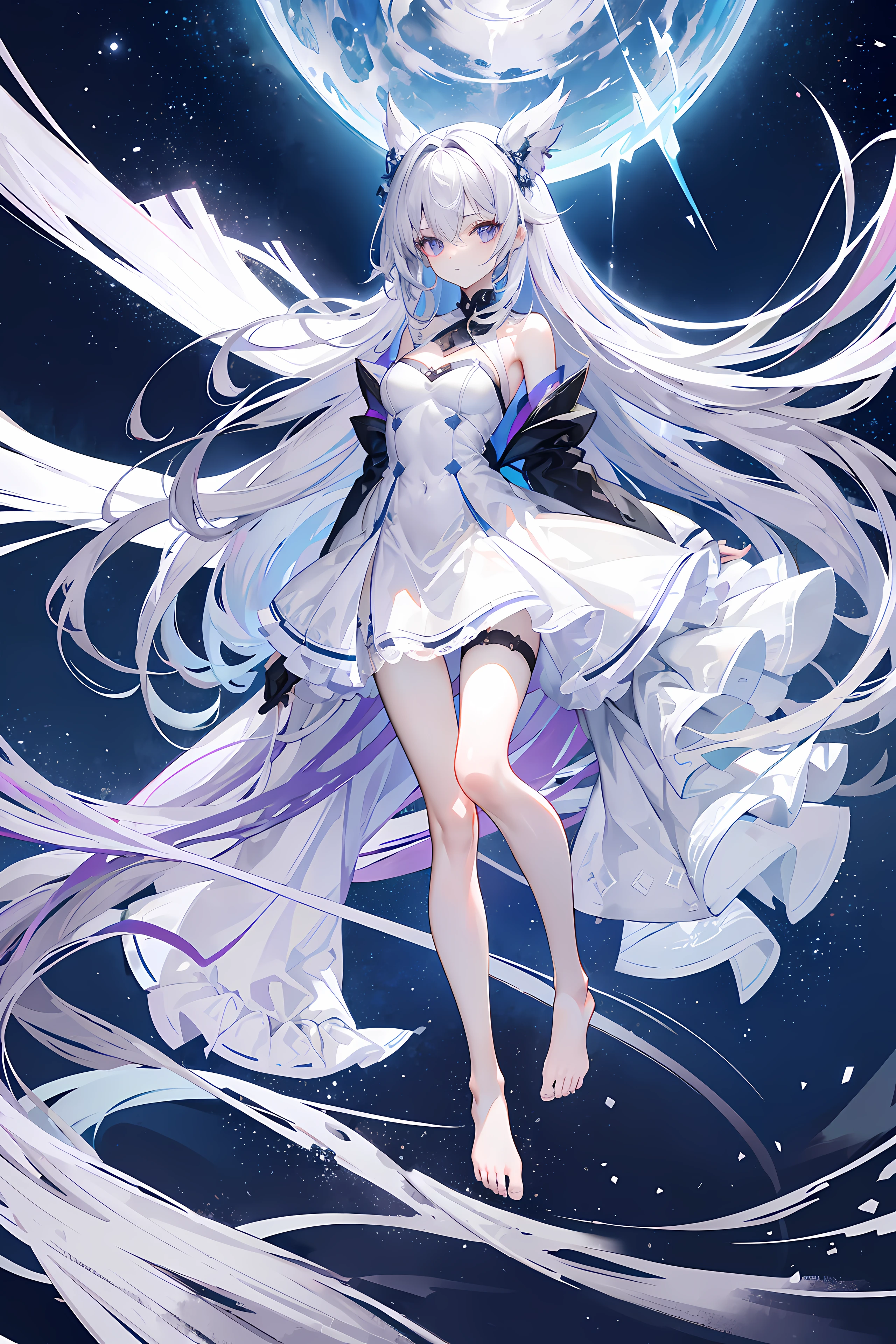 Lilac gradient hair,Asymmetrical hair,((Hair is very thick 1.8,Hair is well-defined1.6)), Hair over the shoulder, messy hair, Very long hair, shinny hair,(Long gray hair:1.2),A beautyful girl,(Luxurious Platinum Mini ta,Made of transparent material),(Transparent clothes transparent 1.8),perfect body figure,high and high,slenderness,(looking sad,Haggard complexion、pale nipples ,grieves,close your mouth:1.2) Against the backdrop of an unusually bright dark starry sky,(Place your hands behind your back),(Round, medium large, firm breast),The barefoot,afloat,waterface,(long leges,long leges,long leges,Perfect leg shape),fully body photo。