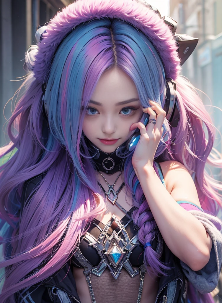 Long colored hair,Nice face,sling bikini,Heterochromatic pupil,ssmile,apathy,比基尼,Full body photo,the soft light,Earphone