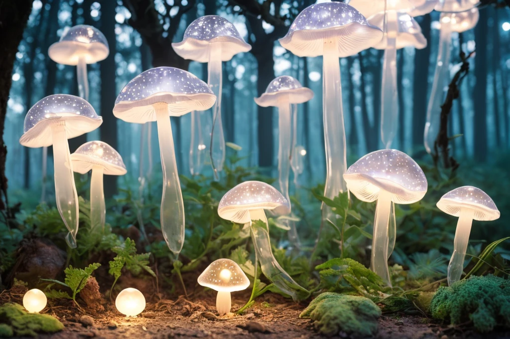 (Best quality at best,A high resolution:1.2),ultra - detailed,actual,Strong light illumination,semi transparent,(Many mini glowing transparent mushrooms,magical,Light blue glow,Ethereal),at a forest,Fairytale,evoke calm,Whimsical,in pastel shades