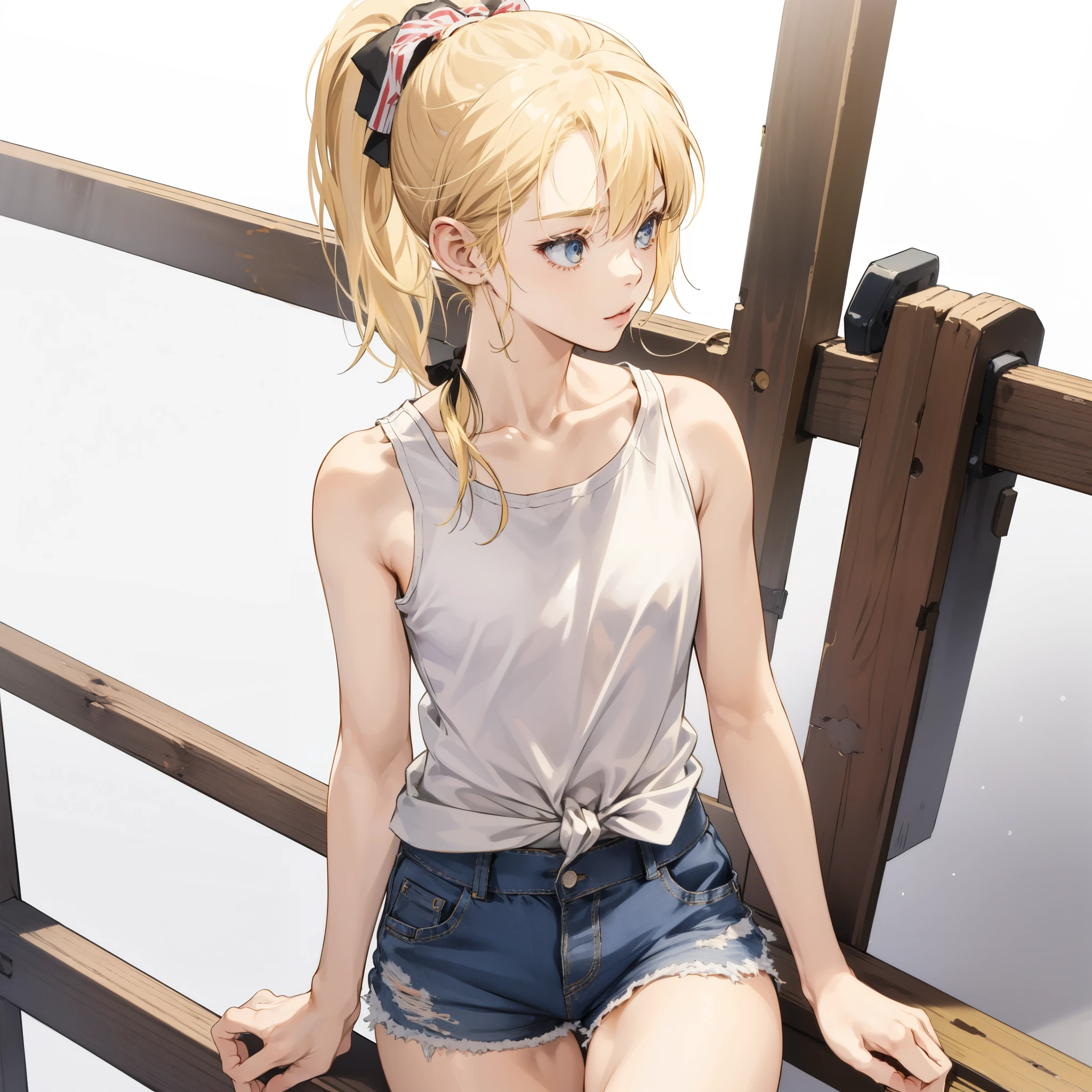 ((boold manga line style)), masterpiece, best quality, shabby clothes, boold manga line style, short hair neck length, tied pony, blonde, 1girl, solo, loli, bangs, tanktop, shorts, small pony tail, ((MILF ponytail)), little girl