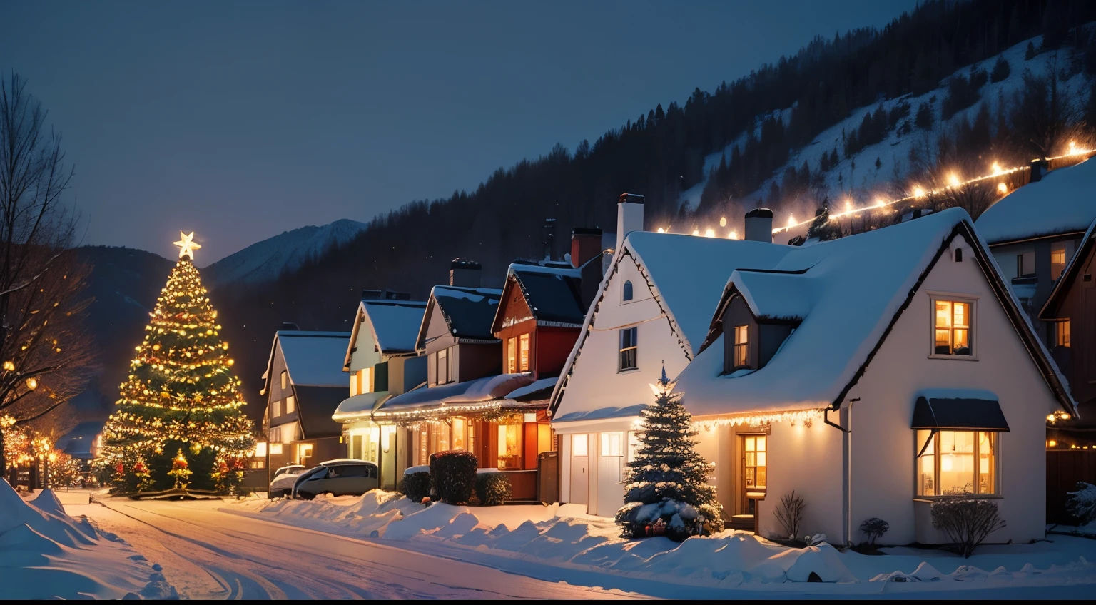 festive, christmas, xmas, snow, houses, christmas lights