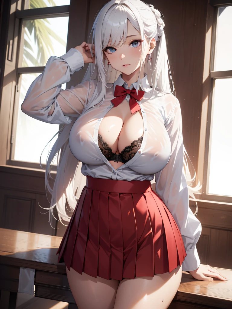 absurd, 8K, high resolution, Ultra-detailliert, beautiful, Meisterwerk, best quality, very pretty woman, sexy Studentin, roter BH, Schuluniform, Faltenrock, white wet blouse, Detailliertes weibliches Gesicht, Sehr attraktiv, (very large breasts:1.4) , lang, glattes Haar, White hair, Haare hochgesteckt