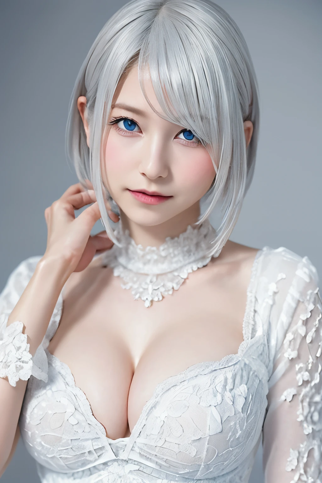 ((High quality)),masutepiece,(Detailed depiction of local details:1.2),1girl in,Blue eyes,large full breasts、cleavage of the breast、,Closed mouth,Eyelashes,Looking at Viewer,Portrait,Solo,Upper body,White hair,White theme,Short hair,Silver hair,Yorha No. 2 Type B,NSFW,