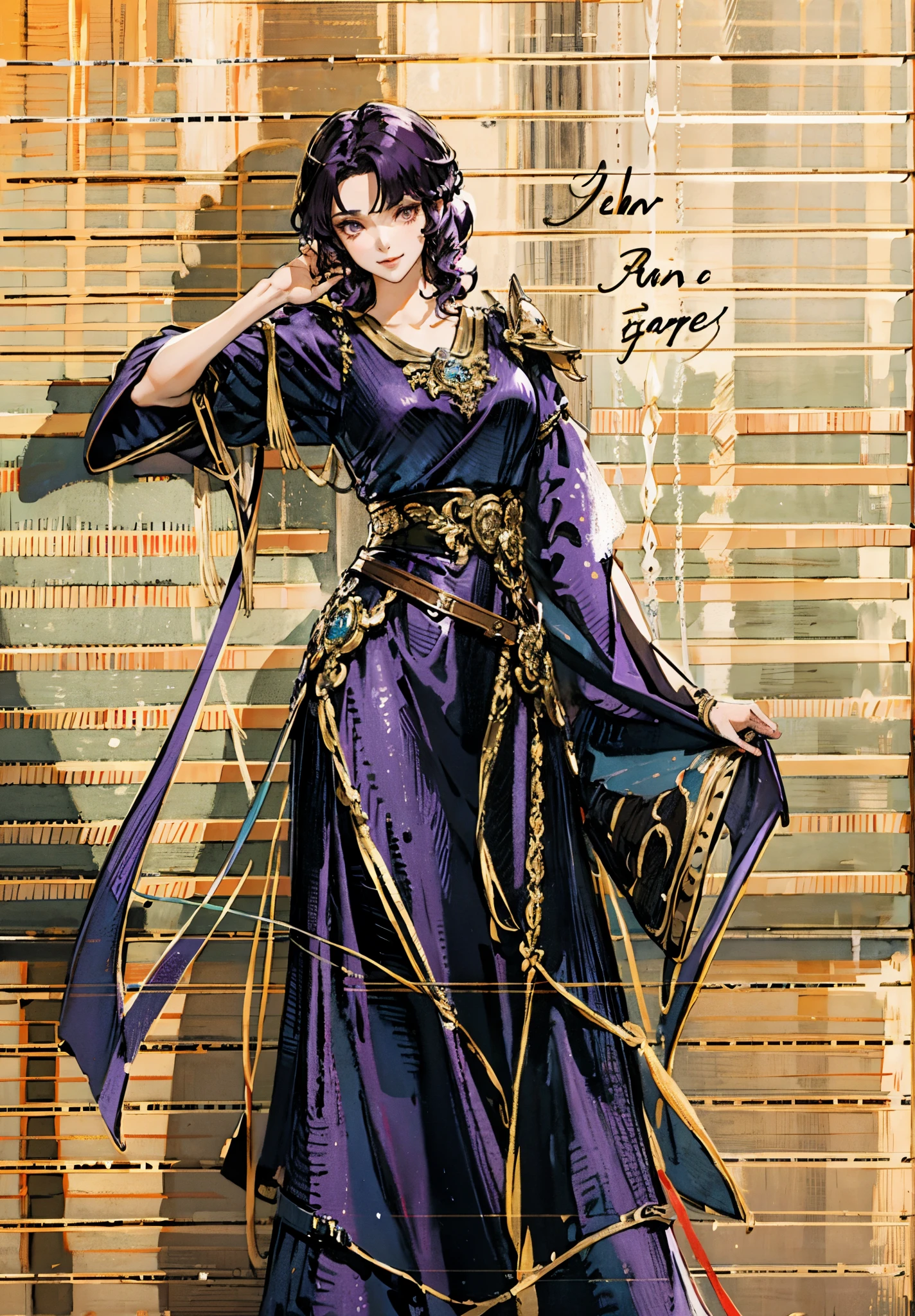 A mature woman, medium-length black-purple hair, curly bangs, sly eyes, a playful smile, an elegant and wise demeanor, a simple fantasy martial arts-style orange two-piece dress with a long skirt, wide sleeves, a flowing hem, Gracefully strolling in an ancient building towering among the mountains, this character embodies a finely crafted fantasy martial arts-style female warrior in anime style, exquisite and mature manga art style, high definition, best quality, highres, ultra-detailed, ultra-fine painting, extremely delicate, professional, anatomically correct, symmetrical face, extremely detailed eyes and face, high quality eyes, creativity, RAW photo, UHD, 8k, Natural light, cinematic lighting, masterpiece-anatomy-perfect, masterpiece:1.5