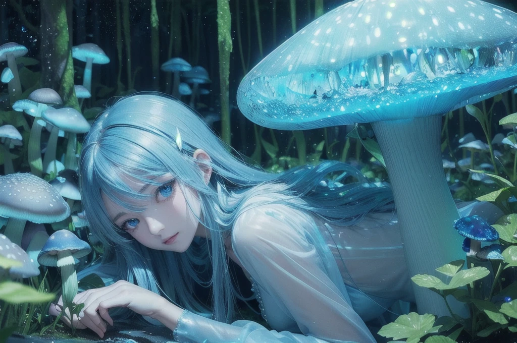 (Best quality at best,A high resolution),((Transparent blue glowing mushroom,Crystal clear details)),(Cover one eye with a glowing mushroom、An extremely calm and mysterious young man，Exquisite facial close-up),gentlesoftlighting,like a dream,Fairytale,Whimsical,Ethereal,Otherworldly,wonderland,glowing spores,an enchanted forest,enchantedgarden,Fantastical Atmosphere,a plant,Bio-luminescence,Soft glow,Cogumelos,semi transparent,Exquisite,illuminated,floating,glow gently,Sparkling particles of light,mysterious glow,like a dream,tranquil ambiance,the lush vegetation,magical ambiance,blueglow,Phosphorescent,stillness,Luminescent fungi,A majestic,Blue tones