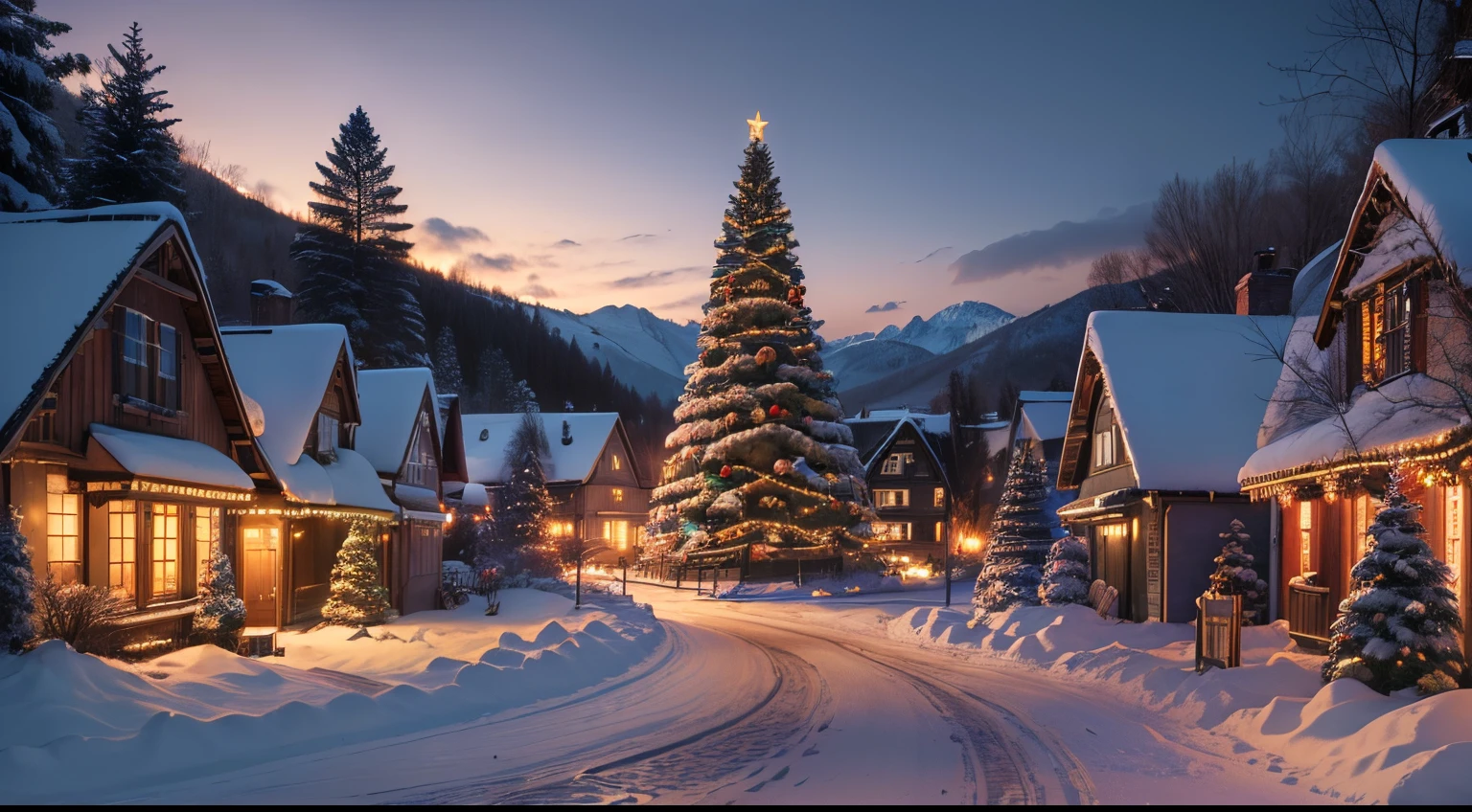 (best quality,4k,8k,highres,masterpiece:1.2),ultra-detailed,(realistic,photorealistic,photo-realistic:1.37),landscape, festive, christmas, xmas, snow, houses, christmas lights