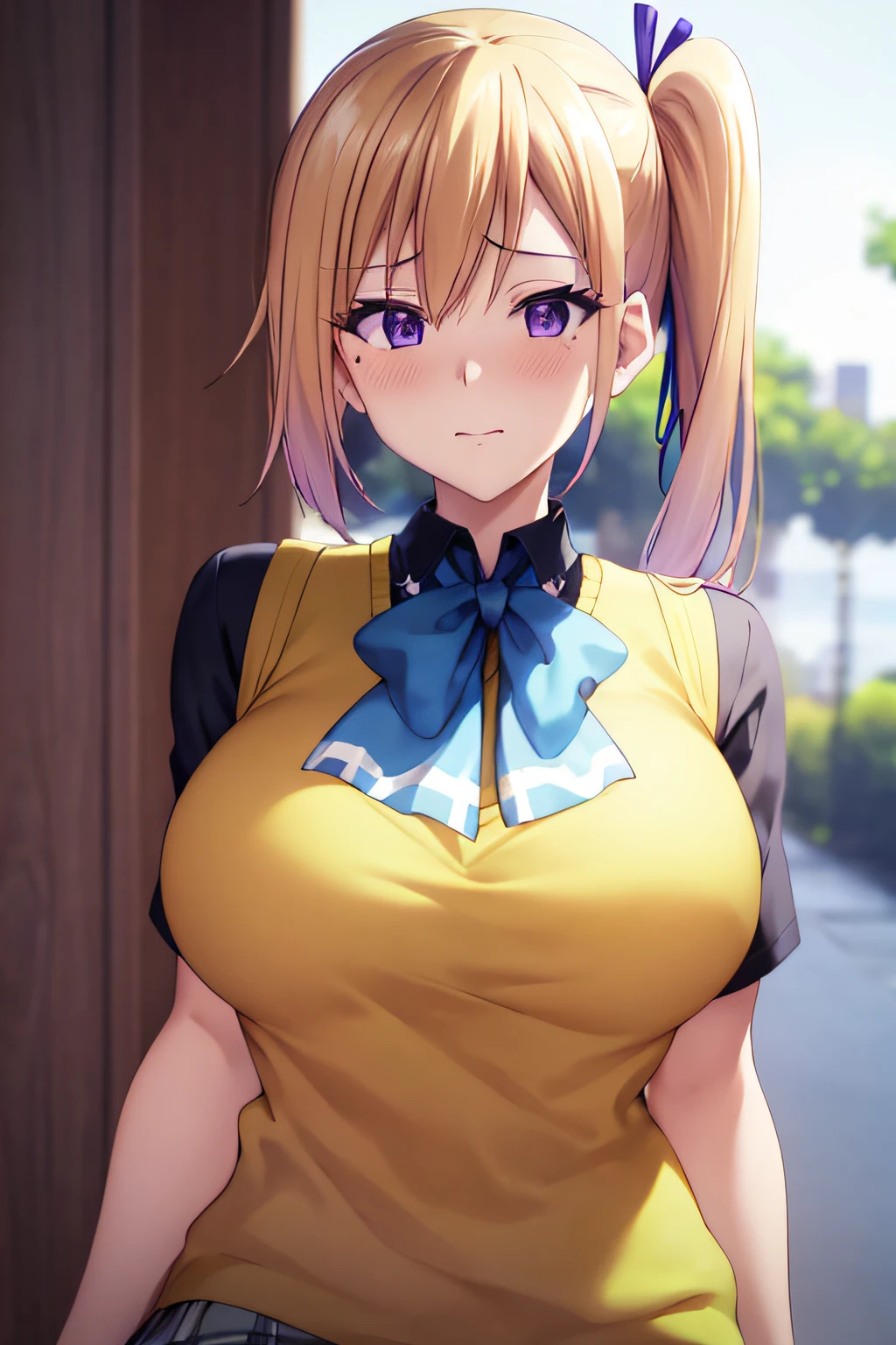 masterpiece, (best quality), 1woman,1girl ,1boy,,kawakami_mai,    blonde hair,  long hair, side ponytail,  purple eyes, sweater vest, school uniform ,   skirt, large breasts,ribbon, hair ribbon, mole under eye,sexy woman, embarrassed,blush,    vibrant colors ,,natural lighting  ,RTX,  , beautiful, (detailed face:1.2), showcase, (perfect eyes:1.1) ,(photorealistic:1.1), 8k uhd,  looking at viewer, outdoors,  simple backround