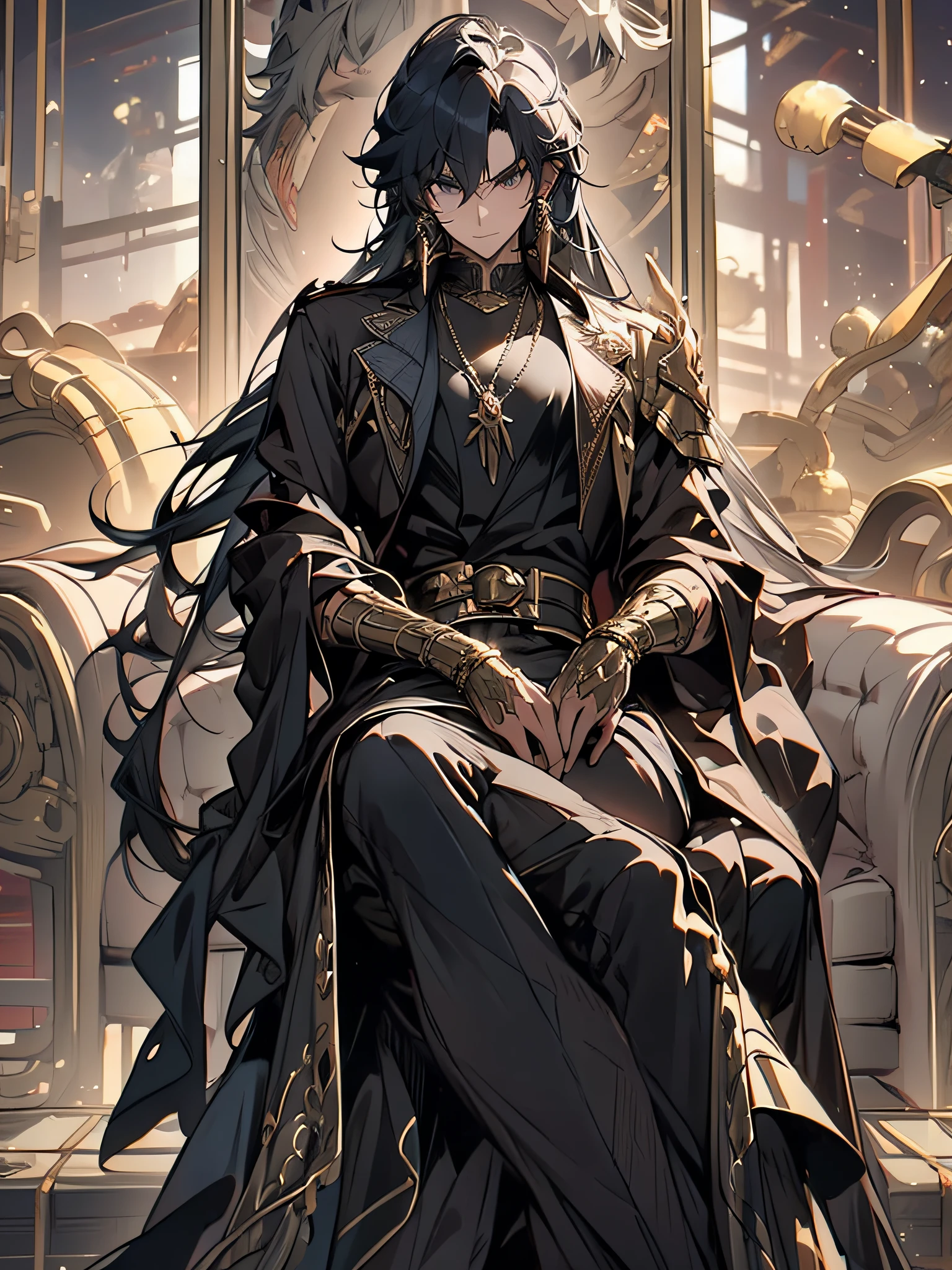masculine, Dark King, auf dem Thron sitzen, dark armor, Overlord-Blick, full entire body, Krone, dunkler Thron