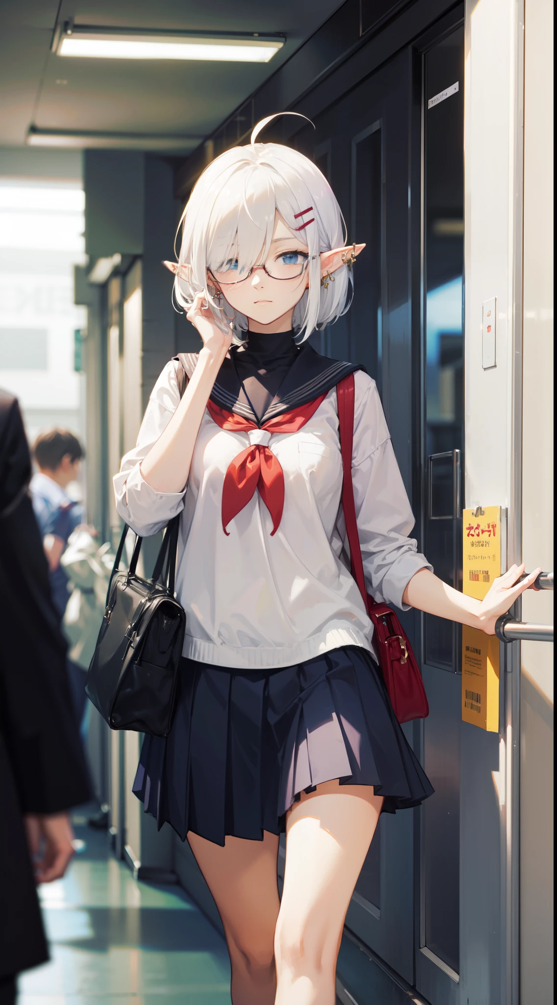 God quality, anime moe artstyle, badass anime 8k,perfect anatomy, (Please draw a elf girl walking sleepily to school. ),break, elf, 1girl, a high school student, white hair, ahoge, Bob cut hair, parted bangs,(hair over one eye), Full limbs, complete fingers, medium breasts, glasses, finely detailed beautiful blue eyes, hairclip, school Uniform, Various accessories, (ear piercing),  in the School commute route, break,ultra-detailed, high resolution,super detailed skin, professional lighting, Cinematic lighting, (cute illustration:1.2), (depth of field:1.2), (blurry background:1.2), art style by Artgerm, by nine_(liuyuhao1992), by Yusuke Murata,