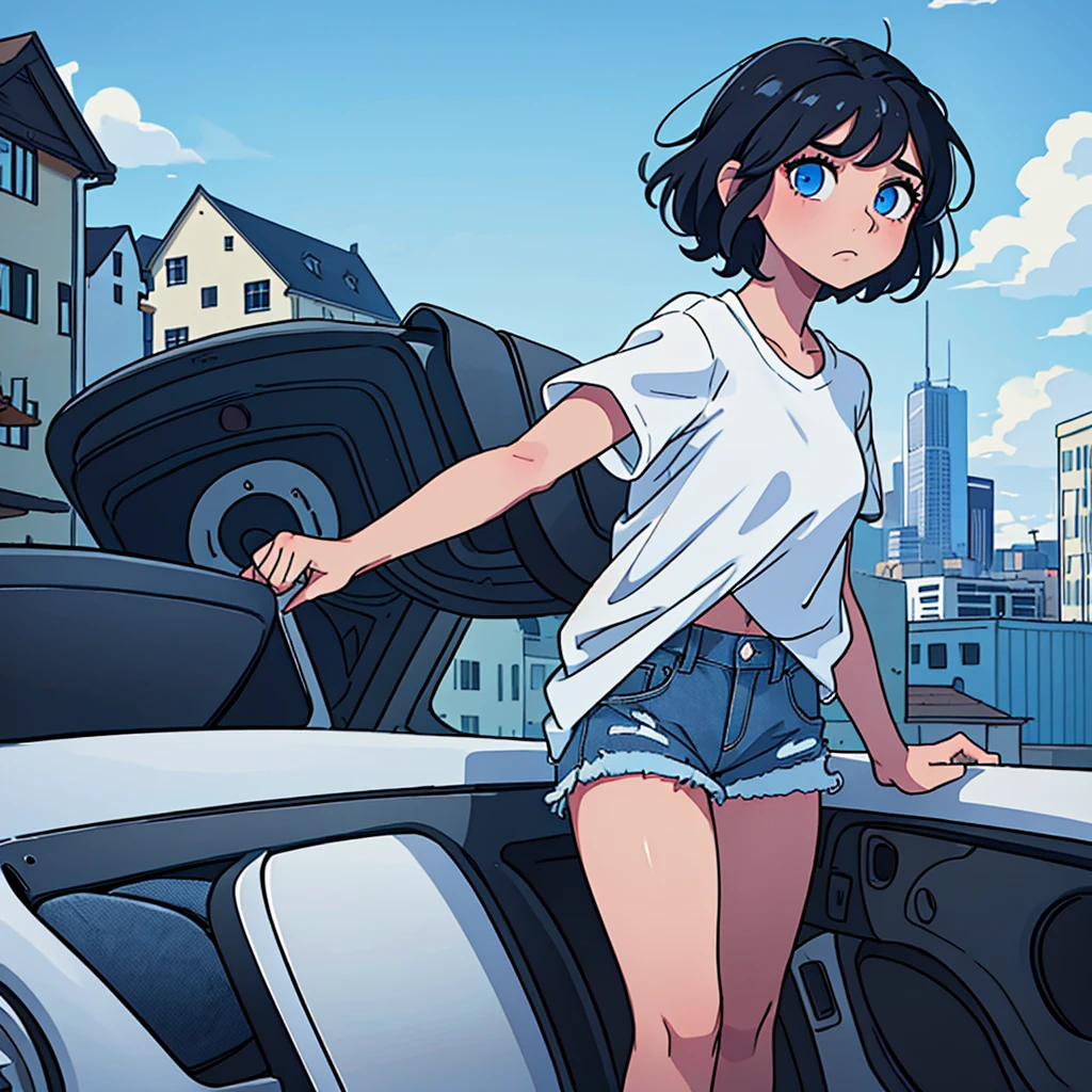 1girl, short black hair, blue eye, wearing plain white shirt, denim short, city, absurdres, high resolution, ultrasharp, masterpiece, looking at viewer