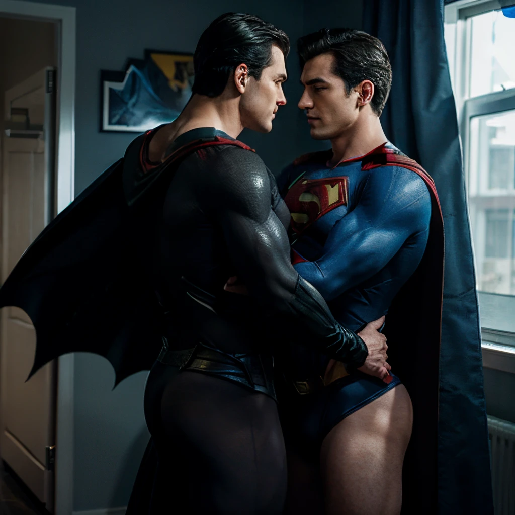 Two men, superman (male) and batman (male), Embraced, wearing underwear