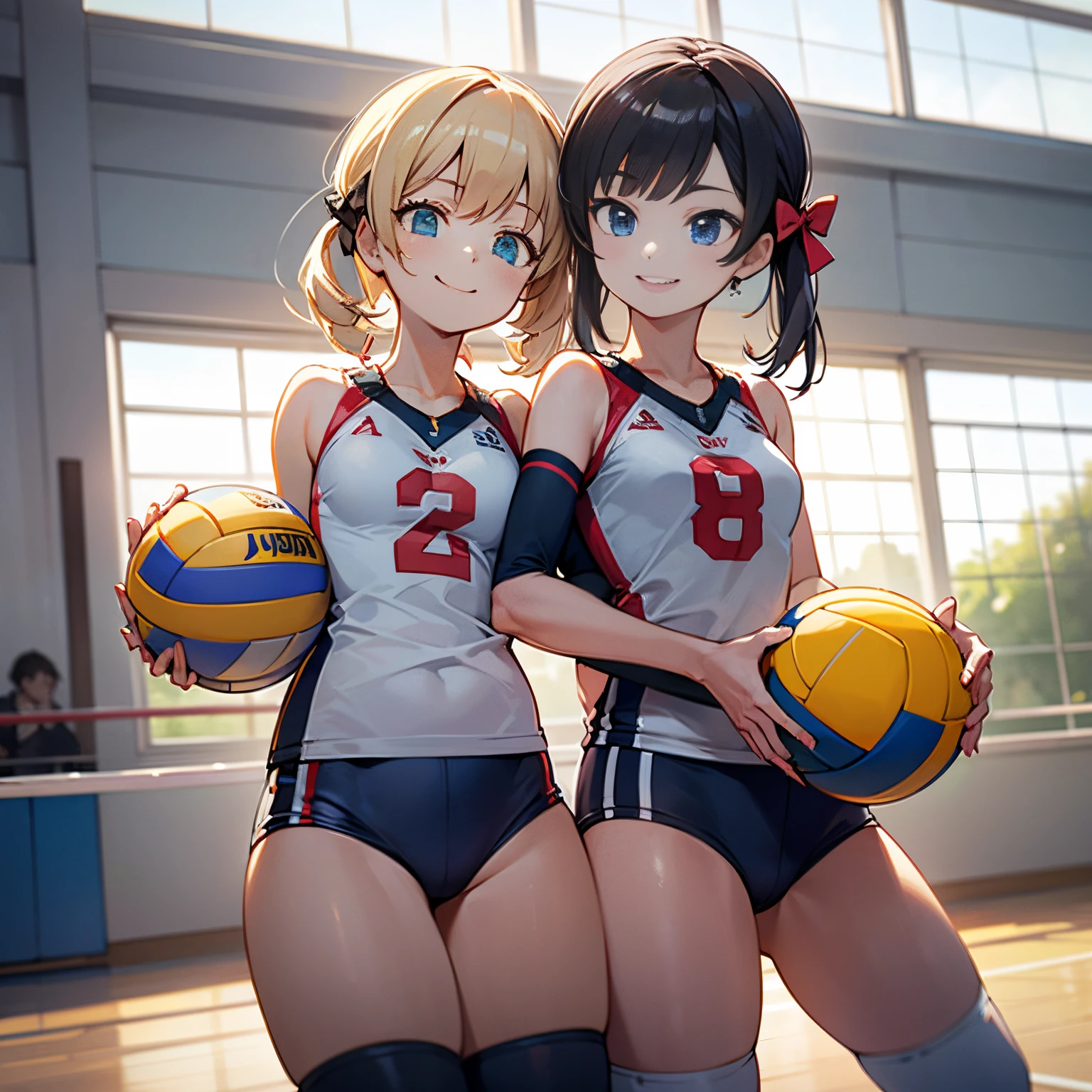 unity 8k wallpaper, anatomically correct, (((masterpiece))), (((best quality))), (((ultra detailed))), (((high-resolution))), ((super fine illustration)), ((Ultimate cutie)), detailed beautiful face, shiny hair, 18 years old, (potbelly), (curvy), medium breasts, ((Thick thighs)), sleeveless volleyball uniform, ((buruma)), ((knee pad)), (elbow pad), ((hold volleyball)), ((hold a 6-inch volleyball)), cowboy shot, in volleyball court, in school gymnasium, 
BREAK, 2girls_A_and_B, A girl_have_{{blond twintails}}_{hair bow}_{{happy}}_{smile}, 
BREAK, B girl_have_{black short hair}_ {hair bow}_{{{smirk}}}