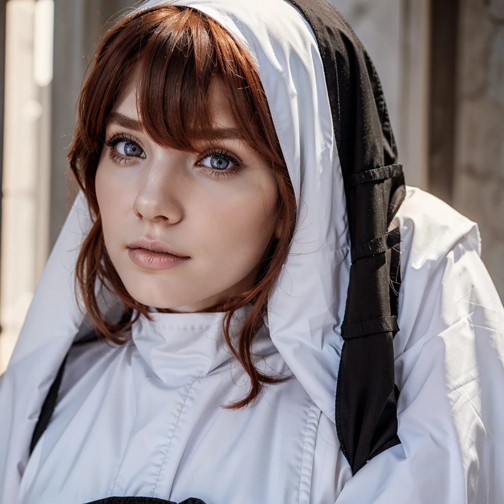 Beautiful redhead woman, white skin, black eyes, medium hair and wears nun's clothing praying