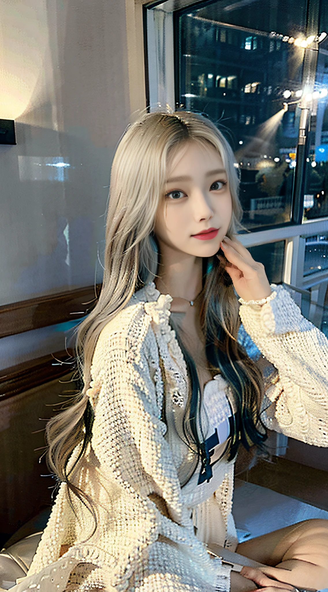 1 Korean girl，standing on the sea side，standing on the sand，vibrant with colors,Mint green hair,Beautiful and delicate pink eyes,long eyelasher,pale-skinned,Soft and delicate facial features,Ethereal atmosphere,dreamy background,Sweet,Light mint aroma,Breeze whispered,peace、calm atmosphere,Calm expression on face，Full body photo, (real photograph: 1.4), (hyper realisitc: 1.4), (realist: 1.3), (Smoother lighting: 1.05), (Improve movie lighting quality: 0.9), 32K,1 20-year-old girl, Luzes Realistas, The light from the rear window is backlit, There is light on the face, Ray traching, (flash lights: 1.2), (enchanced quality: 1.4), (The best quality real textured skin: 1.4), 詳細な目, A detailed face, hight quality eyes, (Tired, Sleepy but informative.: 0.0), closeup of face, tee shirt, (Increased Body Line Mood:1.1), (Increase the beauty of skin texture:1.1)She is beautiful，Wear a stylish jacket，Show gentleness and elegance。Exude unique personality charm。 This photo was taken according to the best quality standards，Use RAW format photos，Present every detail vividly。Masterpiece post-processing，Make the picture more vivid and real。Realistic effects with complex lighting and high-resolution details，every facial line、Accurately render skin textures and expressions。 The whole picture is depth of field，Make the distance between the character and the background more obvious。There are intricate details in the picture，that girl&#39;s smile slightly&#39;Open lips，Delicate eyes and facial features，Every detail is meticulously drawn。Perfect lighting effects highlight the beauty and charm of girls，make it more dazzling。 The background of the picture is a cafe. The overall tone is mainly warm colors.，Add a peaceful and soft atmosphere to the picture。 anyway，The lighting effects throughout the image are excellent，Through careful scene layout and lighting settings，Make the whole picture present a real and unique visual effect。The protagonist of this painting is a Chinese actress，Show their beauty and elegance，Full body photo, (real photograph: 1.4), (hyper realisitc: 1.4), (realist: 1.3), (Smoother lighting: 1.05), (Improve movie lighting quality: 0.9), 32K,1 20-year-old girl, Luzes Realistas, The light from the rear window is backlit, There is light on the face, Ray traching, (flash lights: 1.2), (enchanced quality: 1.4), (The best quality real textured skin: 1.4), 詳細な目, A detailed face, hight quality eyes, (Tired, Sleepy but informative.: 0.0), closeup of face, tee shirt, (Increased Body Line Mood:1.1), (Increase the beauty of skin texture:1.1)，