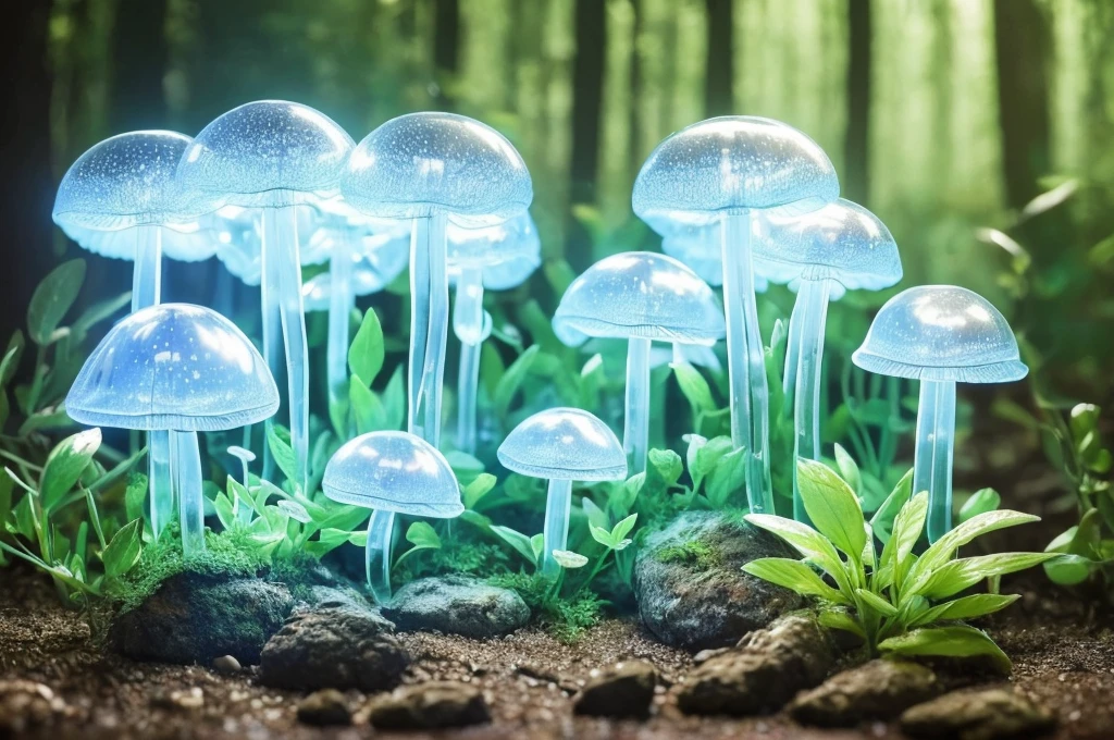 (Best quality at best,A high resolution:1.2),ultra - detailed,actual,Strong light illumination,semi transparent,（Many mini glowing transparent mushrooms,，with transparent wings，afloat，magical,Light blue glow,Ethereal）,at a forest,Fairytale,evoke calm,Whimsical,in pastel shades