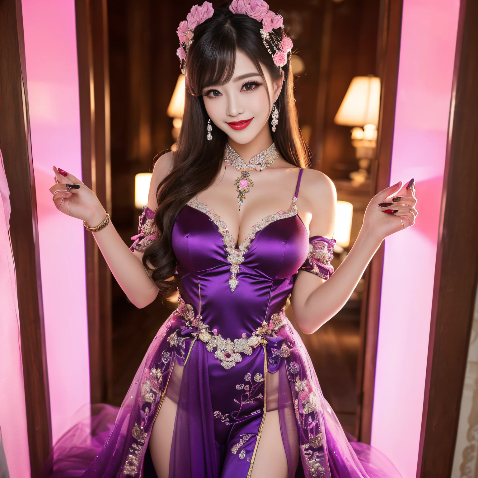 ((top-quality、masutepiece、8K、Top image quality、Highly complex and detailed depictions))、(The most gorgeous Japanese prostitute goddess:1.1)、((The most gorgeous prostitute goddess huge costume、the most vivid and luxurious costumes、big long costume、An unimaginably luxurious room in a garrison house、Gorgeous purple and pink room in a garrison house、The most luxurious purple and pink Chinese style room、purple and pink gems、purple and pink courthouse、A glittering room decorated with jewels、mid night、Very complex decoration、A very clear room in a brothel))、(View me、Bewitching smile、Perfect makeup、long eyelashes、lipsticks、Pink eyeshadows、perfect anatomia、Biggest smile)