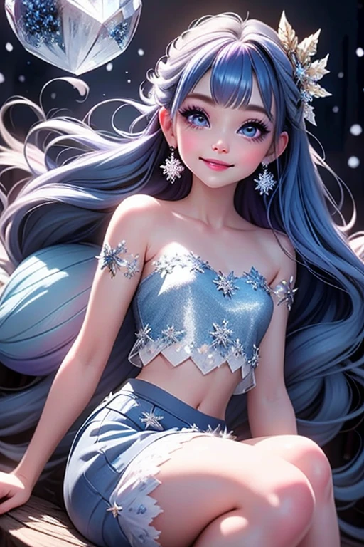 masterpiece, best quality, a fairy smiling, blue hair, (purple) eyes, blue smokey eyes makeup, hair crystal ornaments, snowflake earrings, blue choke, blue petal crop shirt, blue leaf skirt, slouching on a frozen flower, (night sky), magical garden at night, falling snow, magical blue sparks floating around,