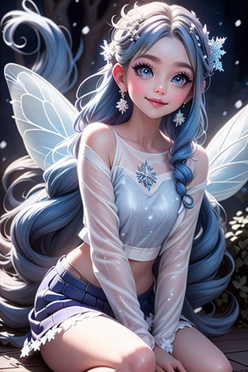 masterpiece, best quality, a fairy smiling, blue hair, (purple) eyes, blue smokey eyes makeup, hair crystal ornaments, snowflake earrings, blue choke, blue petal crop shirt, blue leaf skirt, slouching on a frozen flower, (night sky), magical garden at night, falling snow, magical blue sparks floating around,