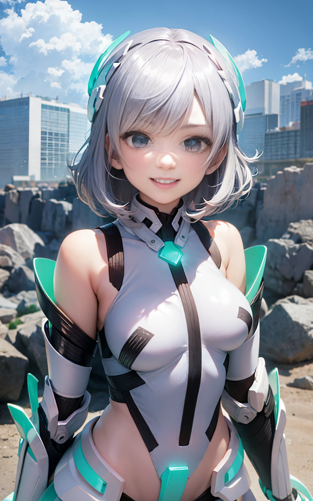 lightsmile, deva battle suit, Outdoors, Silver hair, bobhair, Blue eyes, waist shot