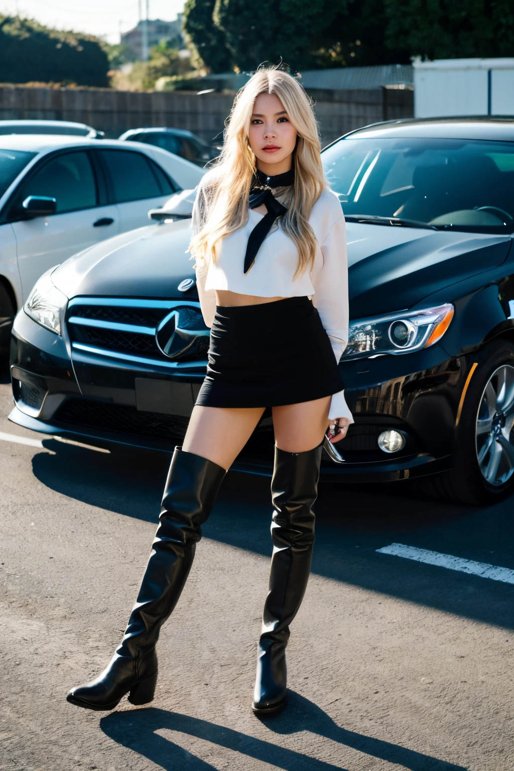 ((best quality)), ((masterpiece)), (detailed), perfect face,a woman with long white hair and black boots standing in front of a car in a parking lot with a car in the background, by Sailor, black bra
