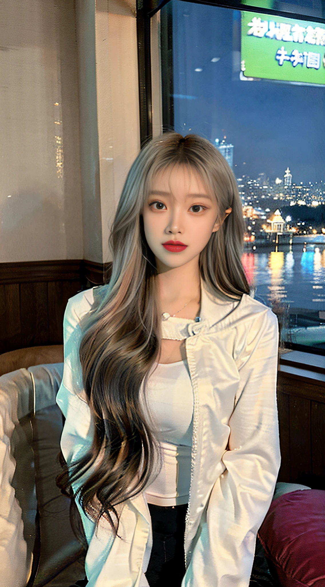 1 Korean girl,standing on the sea side,standing on the sand,vibrant with colors,Mint green hair,Beautiful and delicate pink eyes,long eyelasher,pale-skinned,Soft and delicate facial features,Ethereal atmosphere,dreamy background,Sweet,Light mint aroma,Breeze whispered,peace、calm atmosphere,Calm expression on face,Full body photo, (real photograph: 1.4), (hyper realisitc: 1.4), (realist: 1.3), (Smoother lighting: 1.05), (Improve movie lighting quality: 0.9), 32K,1 20-year-old girl, Luzes Realistas, The light from the rear window is backlit, There is light on the face, Ray traching, (flash lights: 1.2), (enchanced quality: 1.4), (The best quality real textured skin: 1.4), 詳細な目, A detailed face, hight quality eyes, (Tired, Sleepy but informative.: 0.0), closeup of face, tee shirt, (Increased Body Line Mood:1.1), (Increase the beauty of skin texture:1.1)She is beautiful,Wear a stylish jacket,Show gentleness and elegance。Exude unique personality charm。 This photo was taken according to the best quality standards,Use RAW format photos,Present every detail vividly。Masterpiece post-processing,Make the picture more vivid and real。Realistic effects with complex lighting and high-resolution details,every facial line、Accurately render skin textures and expressions。 The whole picture is depth of field,Make the distance between the character and the background more obvious。There are intricate details in the picture,that girl's smile slightly'Open lips,Delicate eyes and facial features,Every detail is meticulously drawn。Perfect lighting effects highlight the beauty and charm of girls,make it more dazzling。 The background of the picture is a cafe. The overall tone is mainly warm colors.,Add a peaceful and soft atmosphere to the picture。 anyway,The lighting effects throughout the image are excellent,Through careful scene layout and lighting settings,Make the whole picture present a real and unique visual effect。The protagonist of this painting is a Chinese actress,Show their beauty and elegance,Full body photo, (real photograph: 1.4), (hyper realisitc: 1.4), (realist: 1.3), (Smoother lighting: 1.05), (Improve movie lighting quality: 0.9), 32K,1 20-year-old girl, Luzes Realistas, The light from the rear window is backlit, There is light on the face, Ray traching, (flash lights: 1.2), (enchanced quality: 1.4), (The best quality real textured skin: 1.4), 詳細な目, A detailed face, hight quality eyes, (Tired, Sleepy but informative.: 0.0), closeup of face, tee shirt, (Increased Body Line Mood:1.1), (Increase the beauty of skin texture:1.1),
