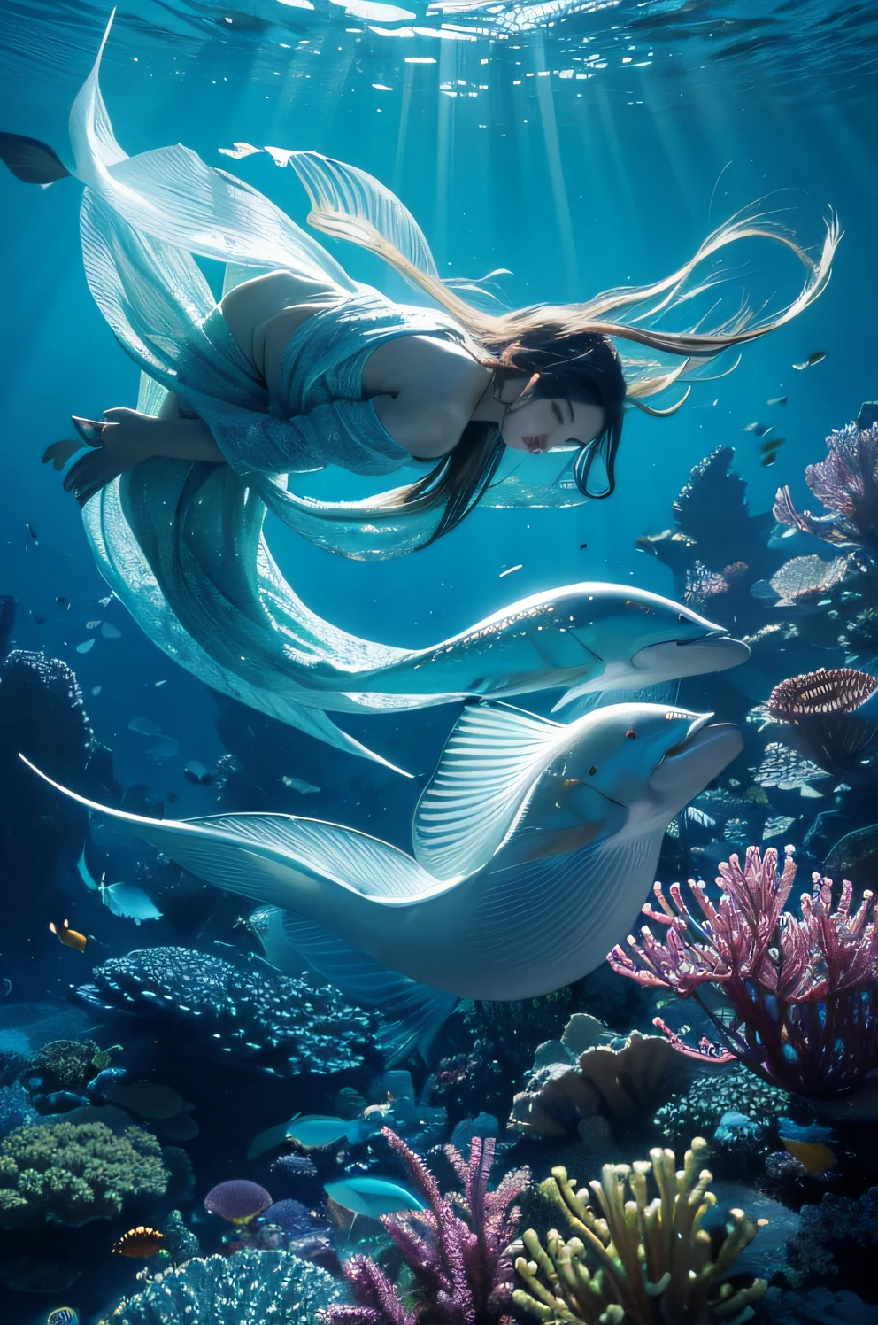 (Best quality at best,4K,8K,A high resolution,tmasterpiece:1.2),ultra - detailed,abstract surrealist,Medium painting,meditating fish, Dark tones, Abstract exaggeration of figures and fish intertwined, vivd colour,Floating element,spooky ambiance,subtle glow, elegant fish, Fantastic environment, fluid strokes, An otherworldly experience,Floating figures,Harmonious composition, Mysterious underwater environment,vivid facial features,long, flowing fins, Fascinating pattern,Soft light effects.