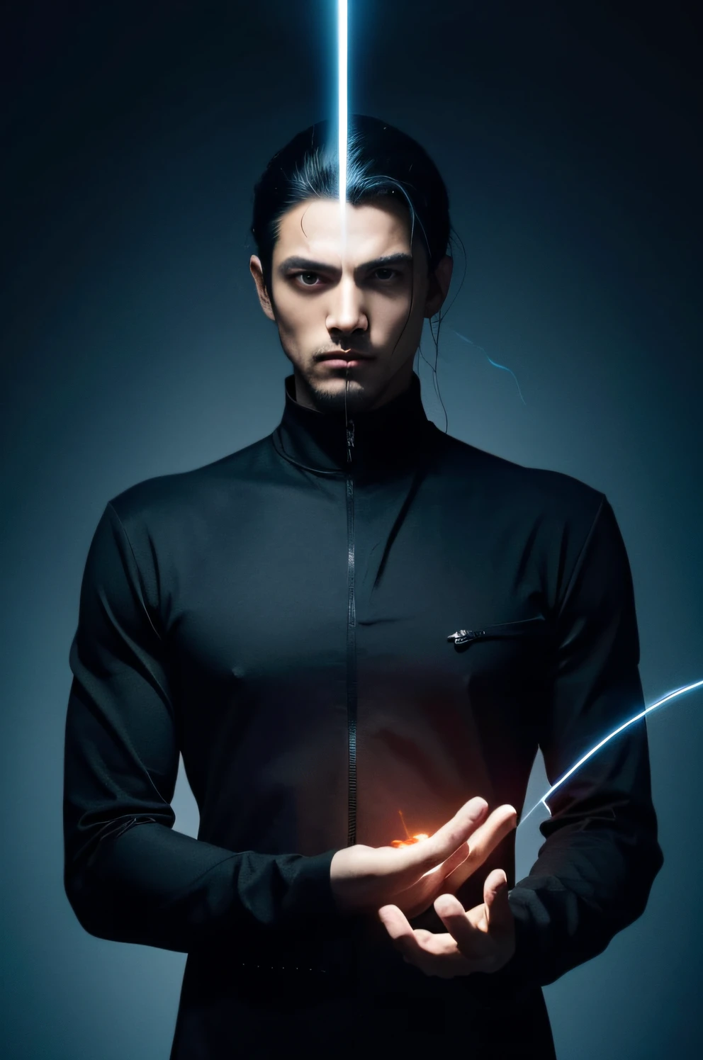 The main body of the picture is mainly composed of two elements，On the one hand, this is a role，a man in black clothes，por outro lado, It is composed of a fish full of technology, The whole body is vertical.，Their brains are intertwined through different elemental patterns.，The picture is very technological and meditative.。