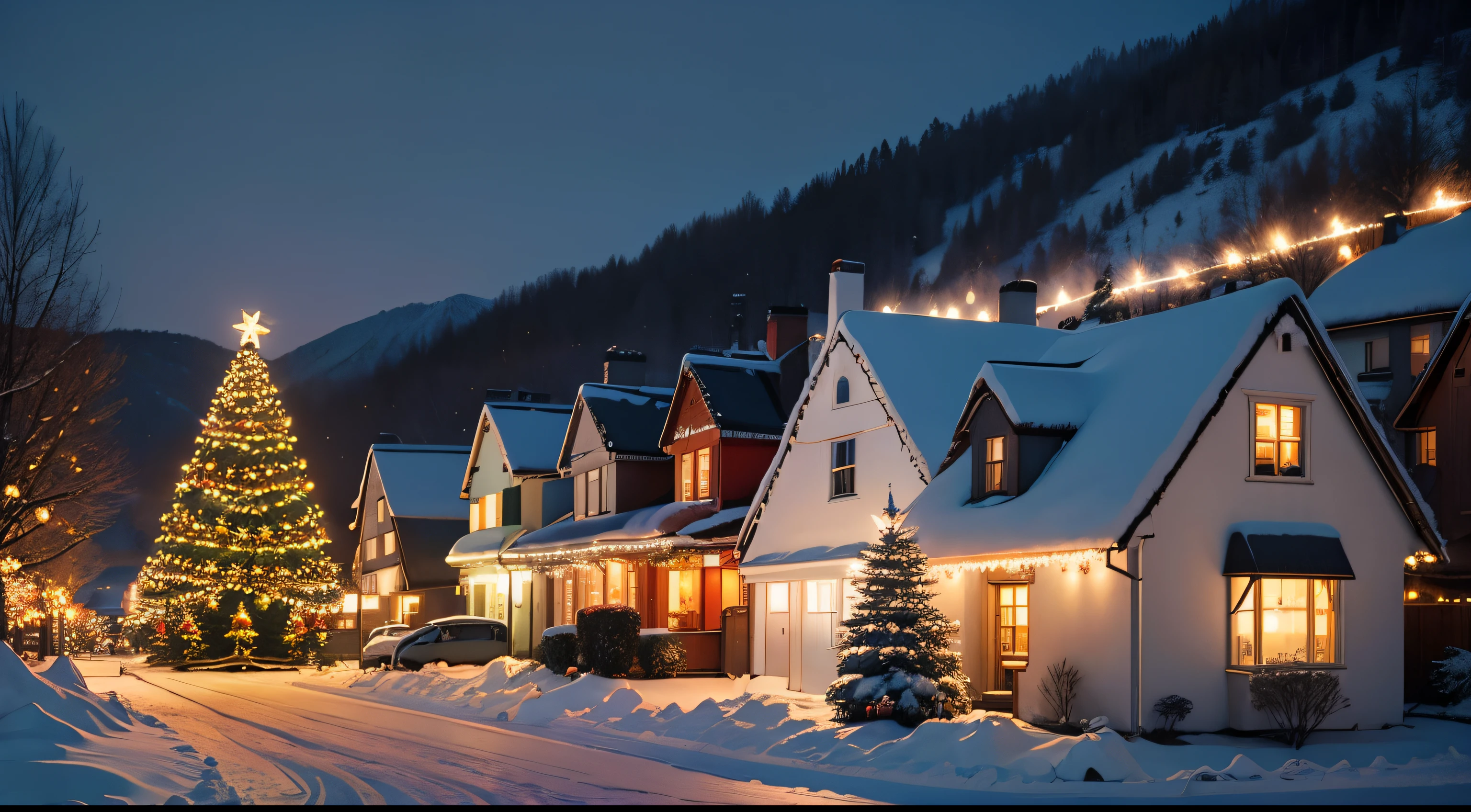 festive, christmas, xmas, snow, houses, christmas lights