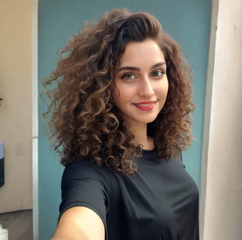 there is a woman with curly hair and a black shirt, selfie de uma jovem mulher, seu rosto emoldurado com cachos, Mulher de 30 anos de Cuba, Ela tem pele marrom oliva, sem maquiagem cabelo ondulado, selfie do instagram, ela tem cerca de 1 8 anos de idade, sem maquiagem, foto no iphone, em frente a um fundo de floresta, imagem vazada