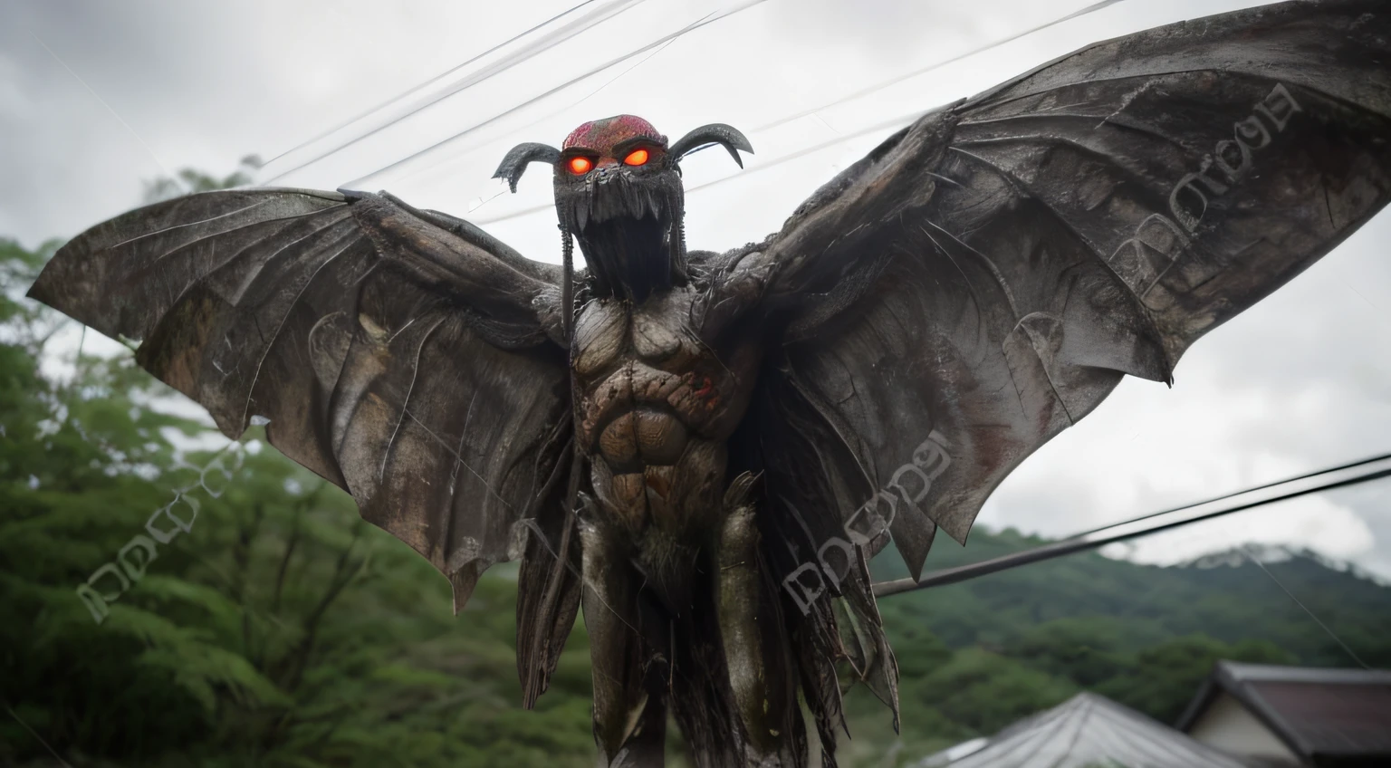 Mossman、Background in the forest、eyes glowing red、