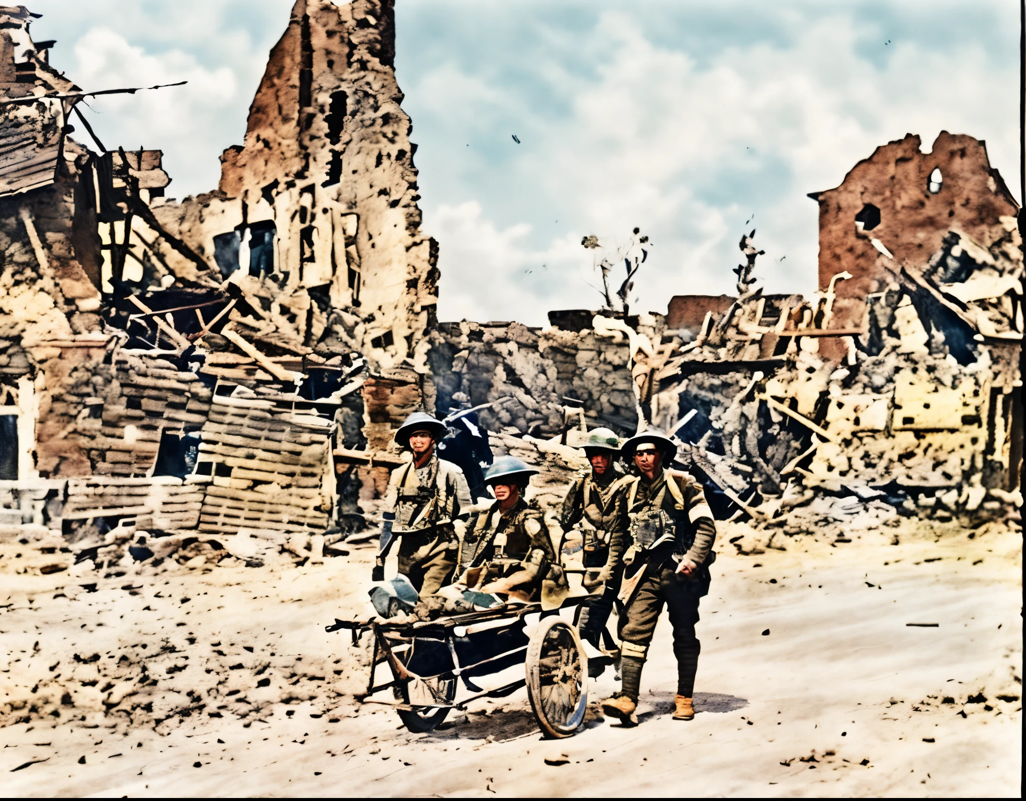 soldiers with a cart in a ruined town with a building in the background, wounded soldiers, ww1 photo, world war one, coloured photo, ww1 film photo, ww 1, ww1, first world war, colorized photograph, colourized, world war 1, taken on a ww 1 camera, colourised, a colorized photo, wwi