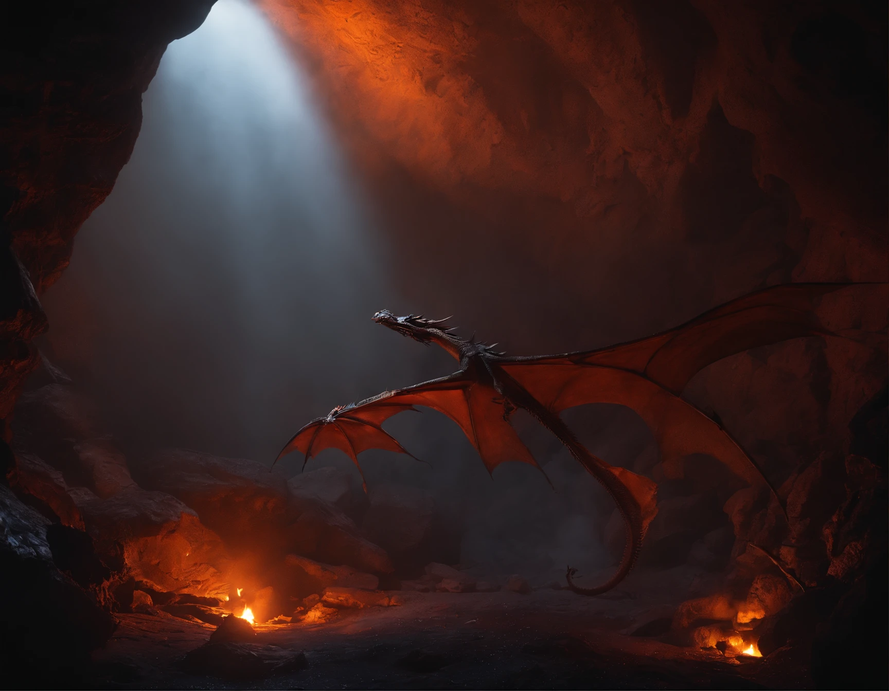 In the cave,in the fire cave, lava river, Darkness, cricket lighting, Small male goblins, likeness of a dragon, leathery wings, screwed horns,