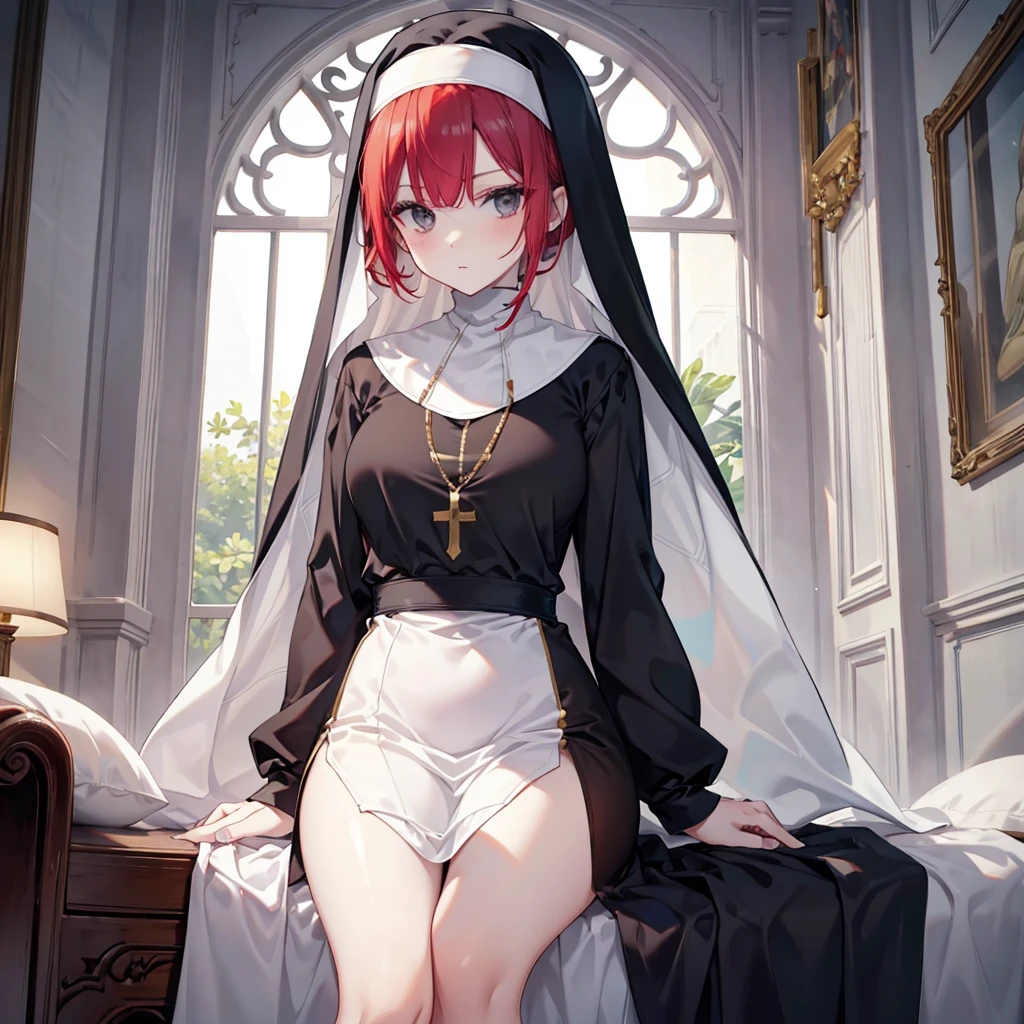 Beautiful redhead woman, white skin, black eyes, medium hair and wears nun's clothing