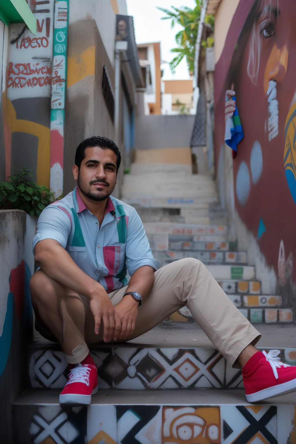 Homem sentado em uma escada com grafite nas paredes, foto retrato, Retrato no meio da foto, retrato de alta qualidade, Nicolau Kalmakoff, In Sao Paulo, foto retrato, imagem do avatar, foto de retrato, Directed by: Luis Molinari, daniel mirante, caio santos, imagem retrato, Josana Gonzales, Rua Juliana, imagem retrato, retrato colorido