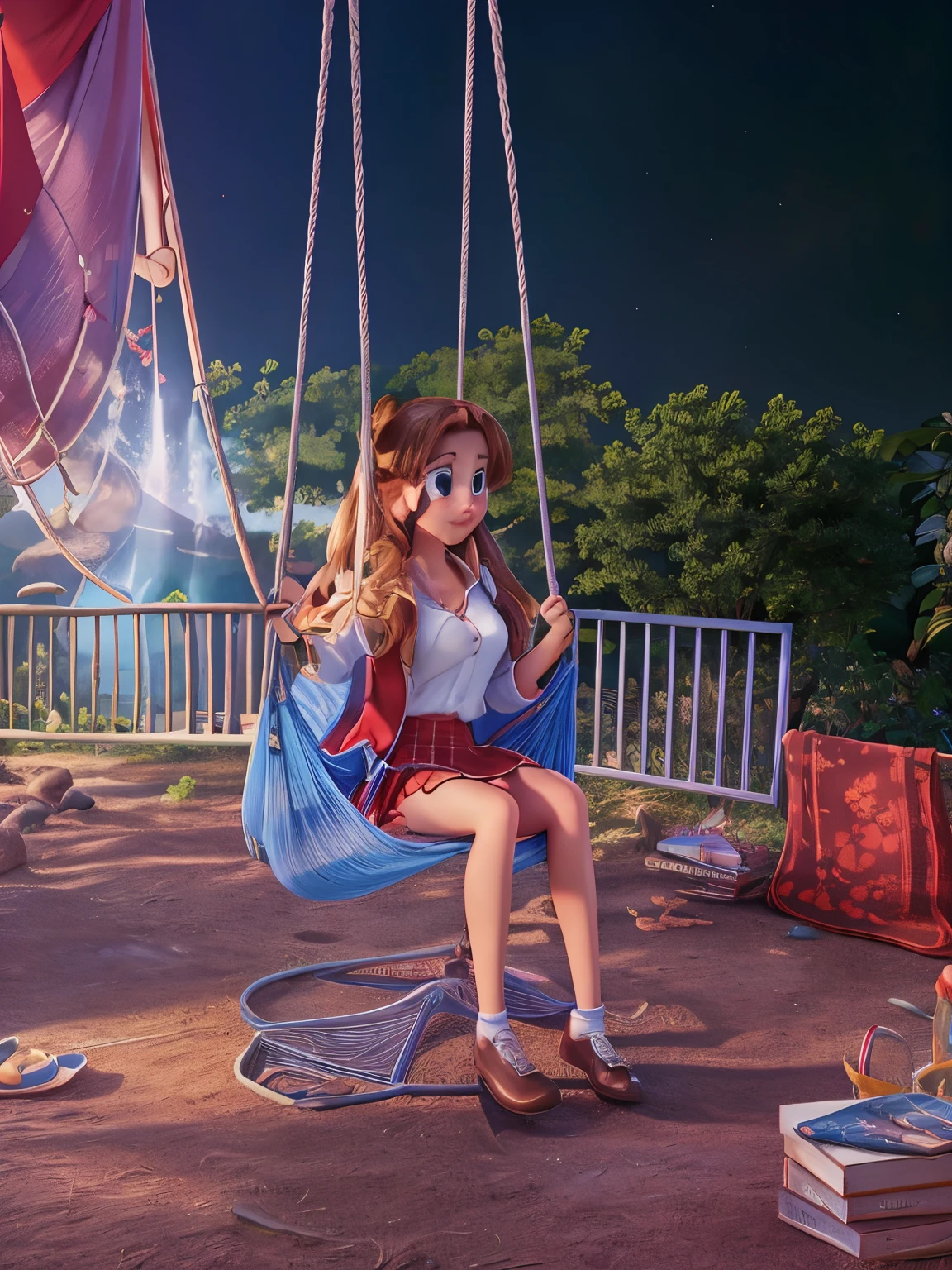 Disney picture movie , picture of a woman sitting on a hammock and wearing a red blazer and a white polo and a red skirt with a nature background