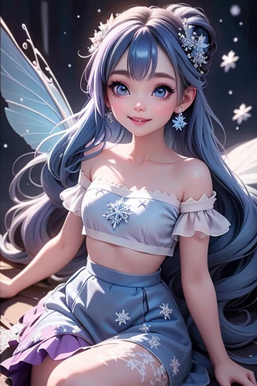 masterpiece, best quality, a fairy smiling, blue hair, (purple) eyes, blue smokey eyes makeup, hair crystal ornaments, snowflake earrings, blue choke, blue petal crop shirt, blue leaf skirt, slouching on a frozen flower, (night sky), magical garden at night, falling snow, magical blue sparks floating around,